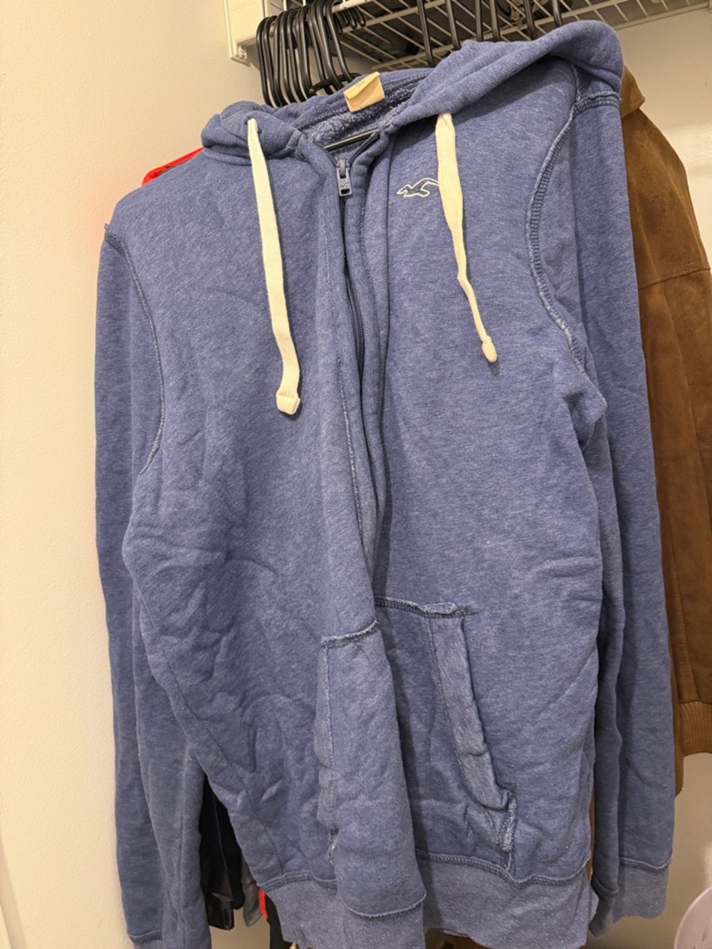 Hollister Heather Blue Full-Zip Hoodie with Cream Drawcords
